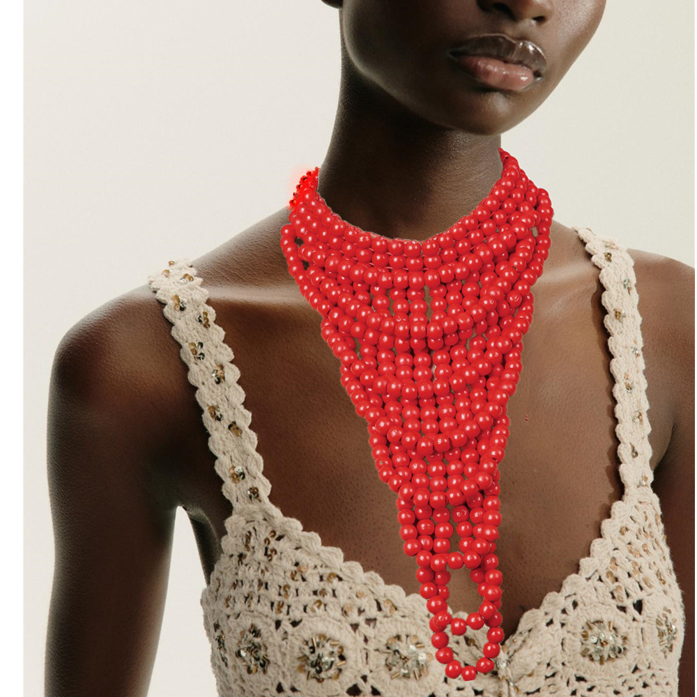 Ethnic style multi-layer colored wooden pieces bead necklace and earring set party accessories necklace