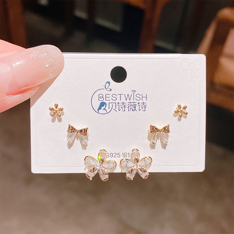 2026 batch #2 copper gold-plated zircon three pairs of small earrings set, silver needle earring accessories