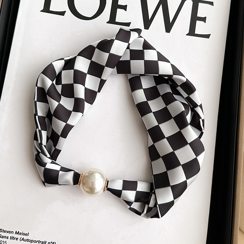 Pearl necklace magnetic buckle narrow small silk scarf for women, neck protection professional decorative collarbone matching shirt thin scarf
