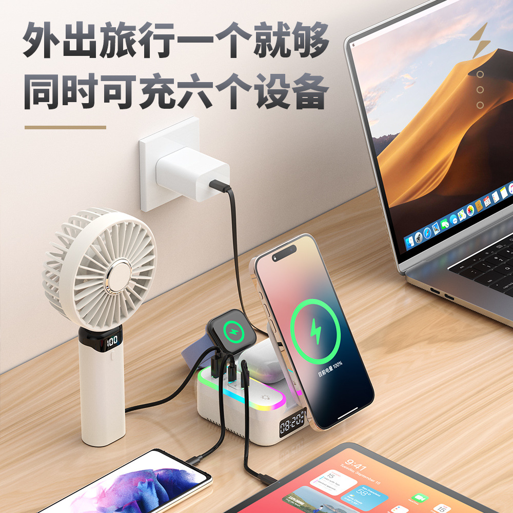 New Private Mold Built-in Retractable Cable Wireless Charger Magsafe Multi-Port Foldable Wireless Charger with Digital Display Clock