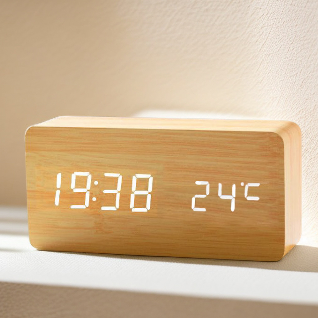 Digital LED wooden clock, temperature, calendar, quiet bedroom student alarm clock, triangular desk clock