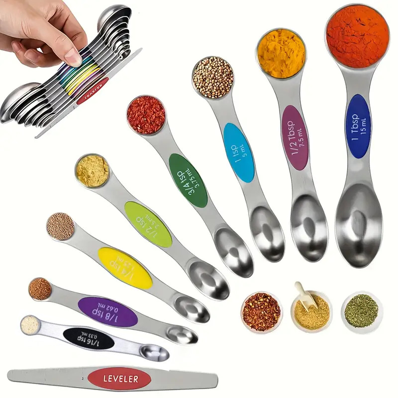 FCM Magnetic Overlapping 430 Stainless Steel Double Head Measuring Spoon Set with Scale Multifunctional Measuring Spoon