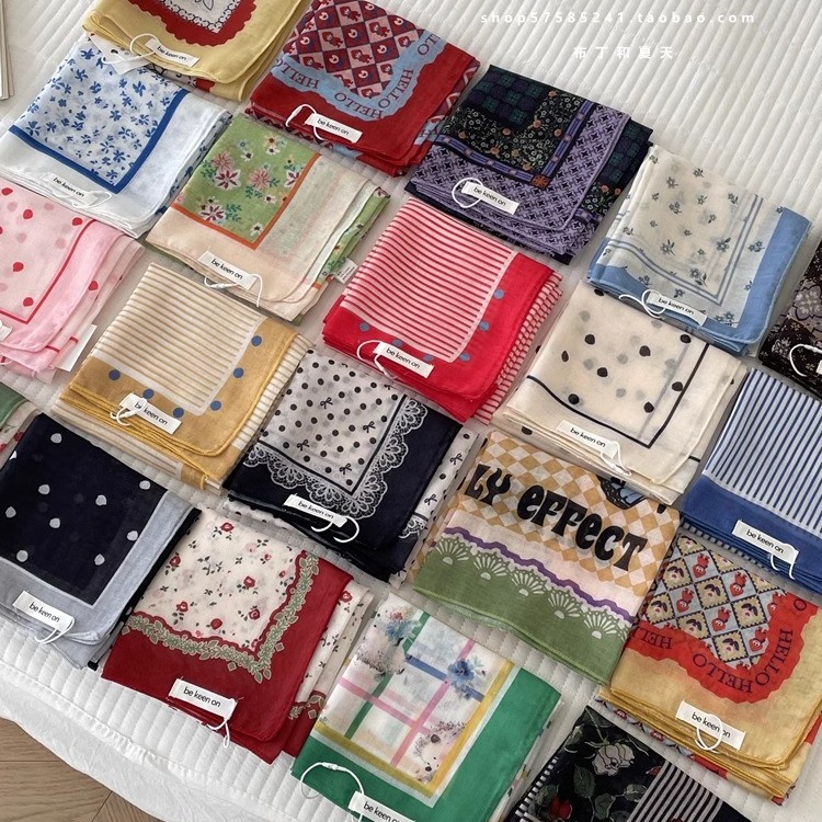 Skin-friendly soft cotton-linen breathable neck-protecting small square scarf, polka dot paisley headscarf, export Korean order neck scarf for women