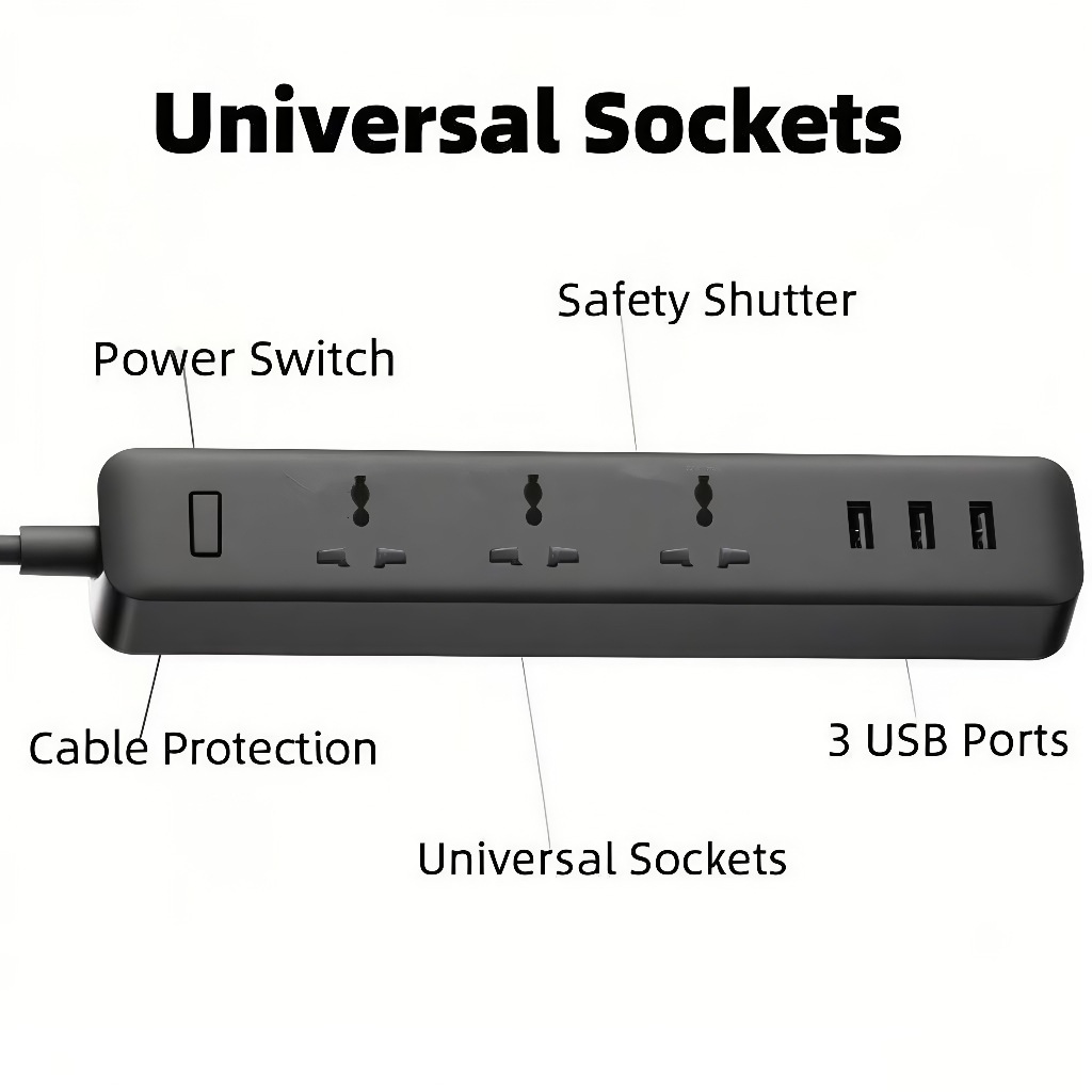 All black new multi-port USB fast charging extension cord universal international socket mobile phone charging extension power strip