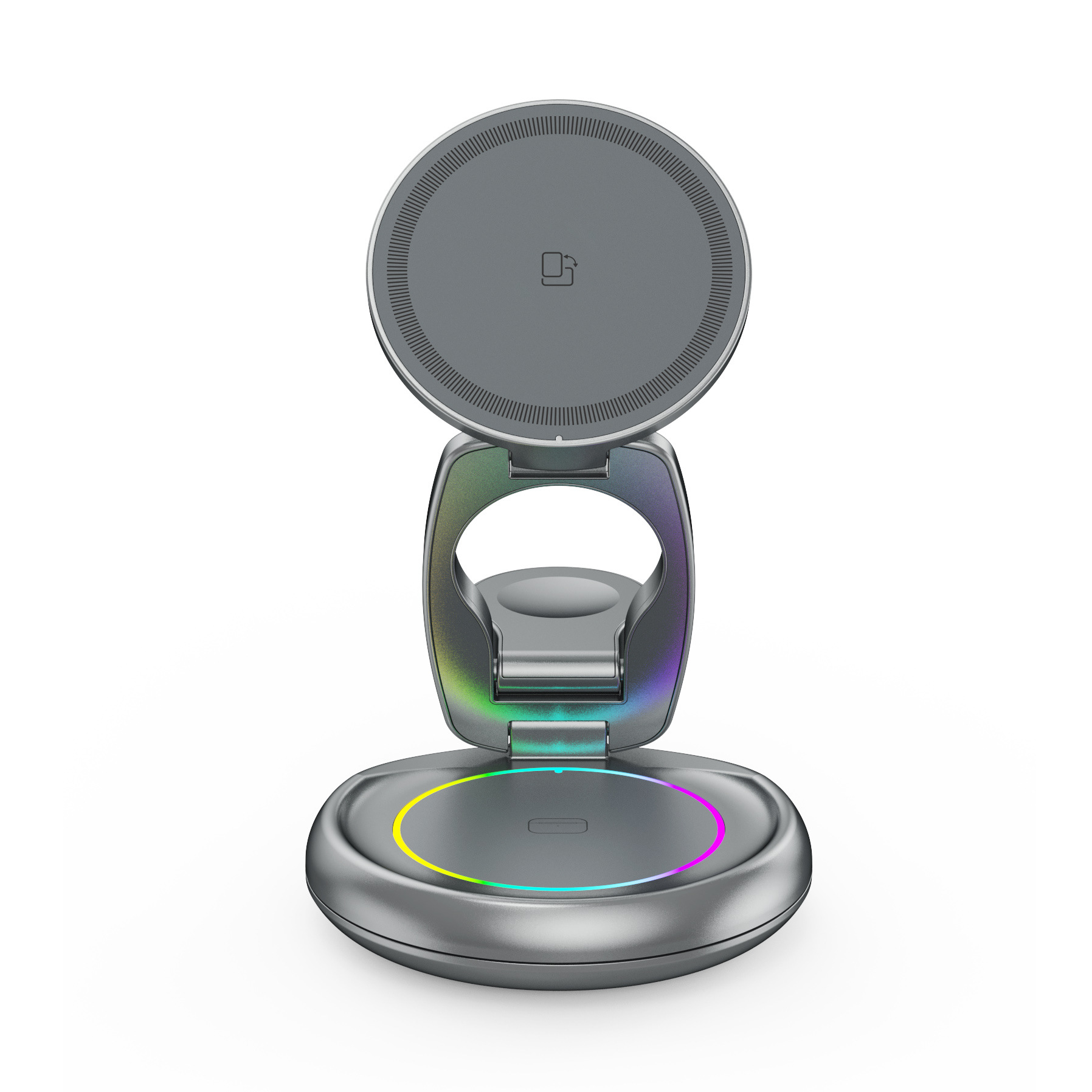 New Metal Wireless Charger 3-in-1 Foldable Stand Desktop Rotating Phone Wireless Charger Orange