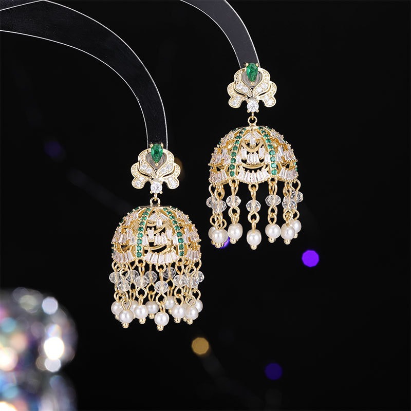 Micro-Inlaid Zircon Green Butterfly Tassel Heavy Craft Earrings s925 Silver Needle Dress Accessories
