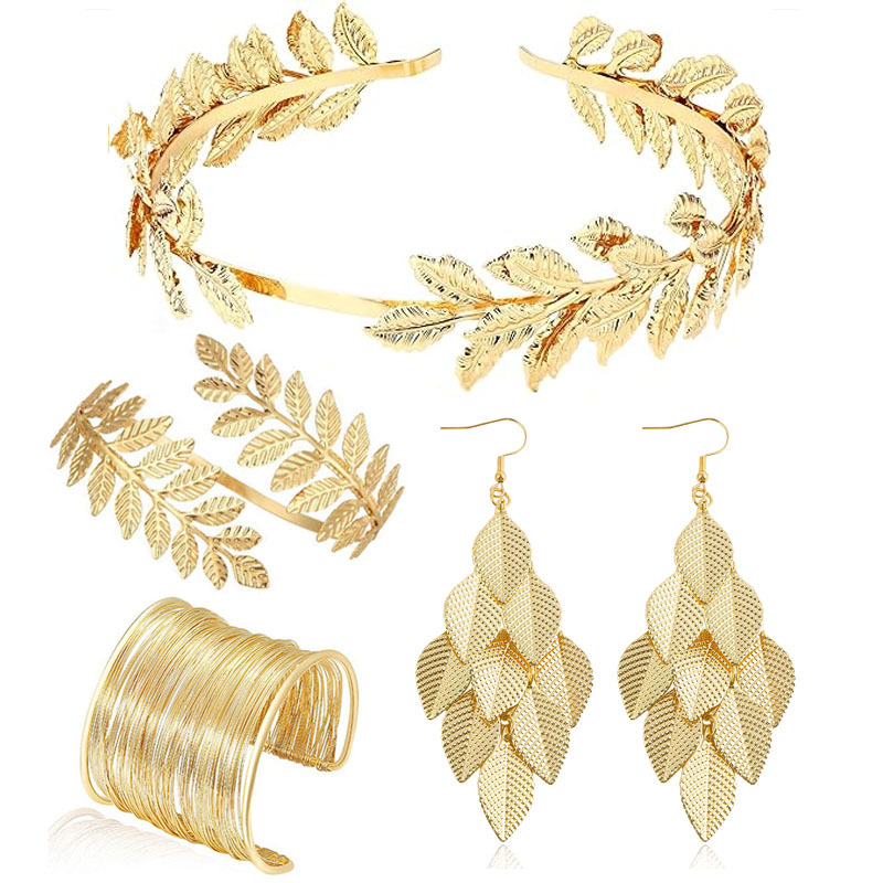 Bridal leaf headband gold goddess leaf hair comb headpiece bracelet pearl earring set