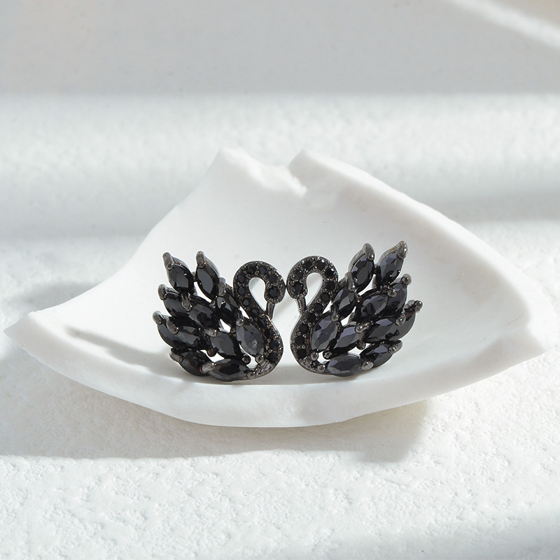 Fluffy duck S925 silver needle ear studs earrings forest style women swan zircon earrings small accessories