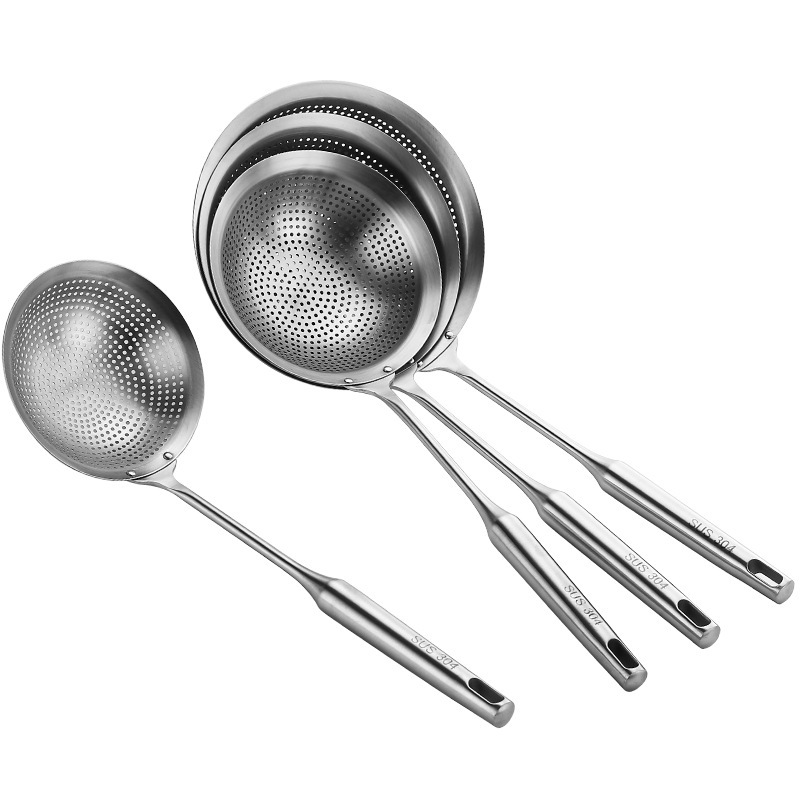 304 stainless steel thickened punched colander, food-grade household kitchen hot pot frying large colander, long-handled noodle strainer