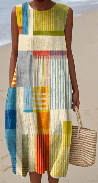 2026 New Sleeveless Printed Dress Beach Vacation Loose Mid Length Round Neck Dress Seaside Vacation Dress