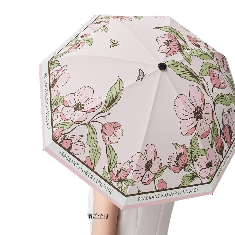 Three-Fold Rain Umbrella Eight-Rib Floral Manual Umbrella Black Glue Sunscreen Anti-Splash Portable Folding Sun and Rain Umbrella