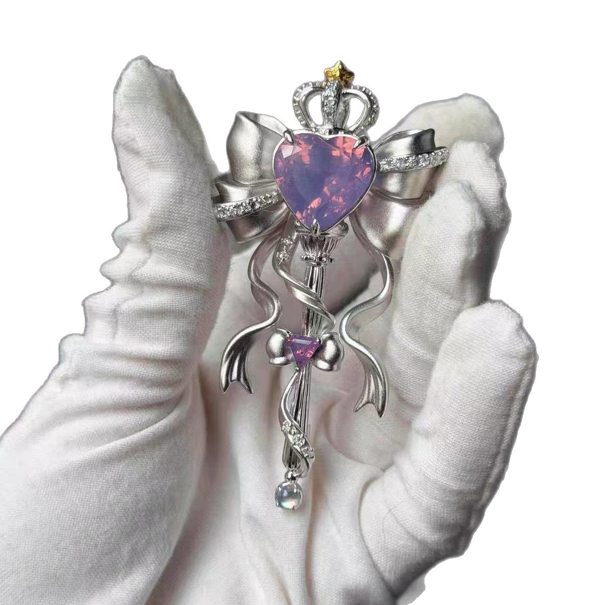 Fairy Girl's Token~Heavy Craft Bow Scepter Brooch Princess Style Vintage Dress Pin for Women