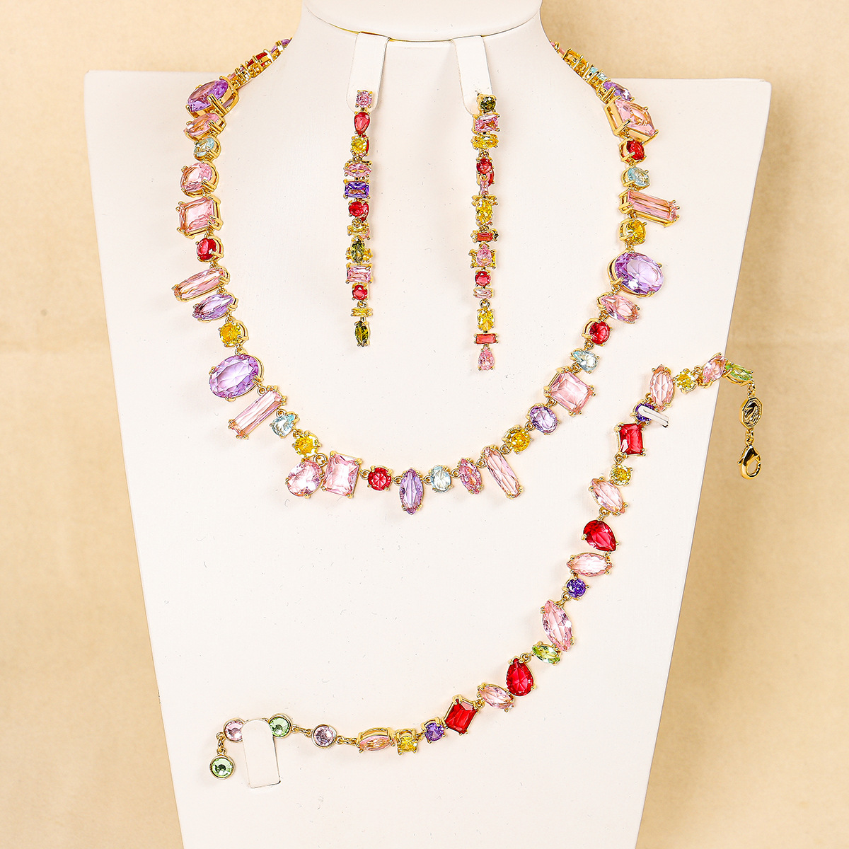 Set micro-set zircon necklace bracelet s925 silver needle earrings colorful