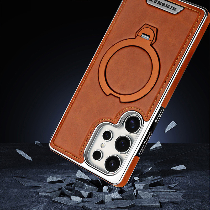 For Samsung S26Ultra Phone Case 360 Rotating Magnetic Bracket Leather Texture S25/S24 Plus Full Coverage