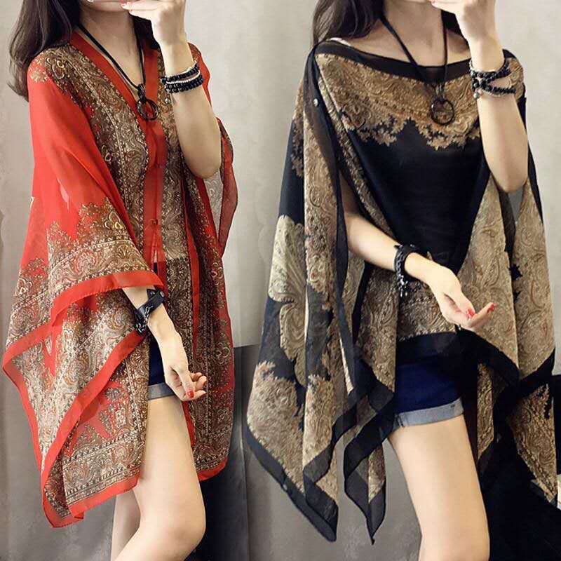 Sanya Beach Cape Shawl Sun Protection Clothing Women Summer Thin Off-Shoulder Chiffon Shirt Print Outerwear Shawl
