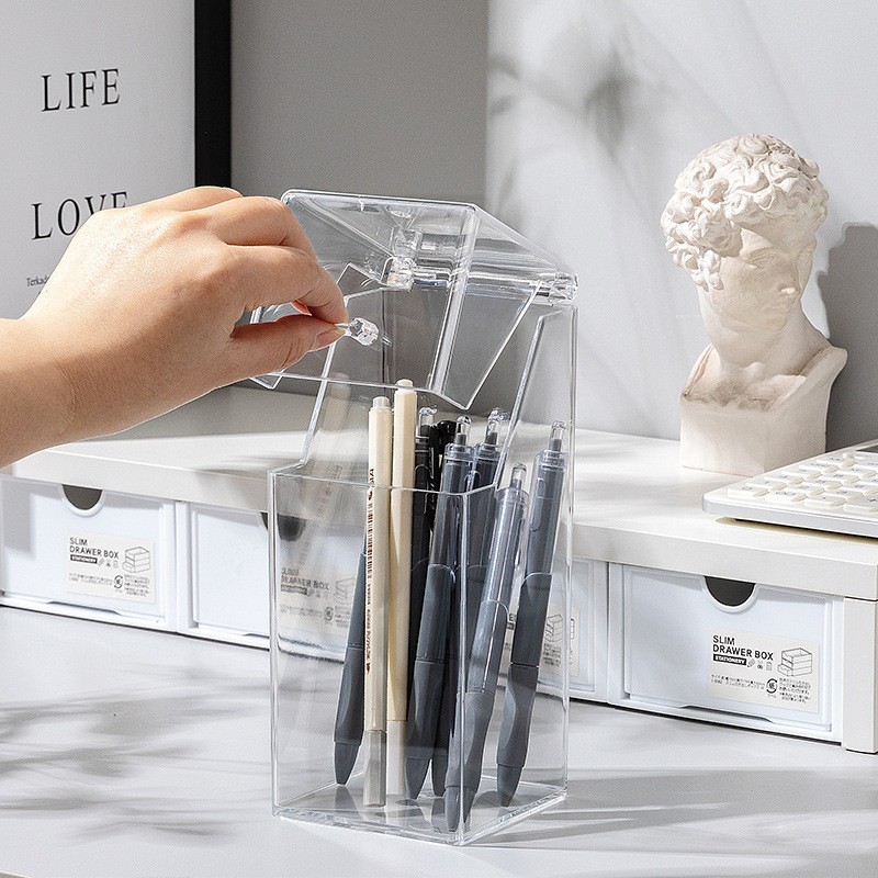 Multifunctional acrylic makeup brush storage tube with lid dustproof transparent eyebrow pencil with pearl storage bucket organizer