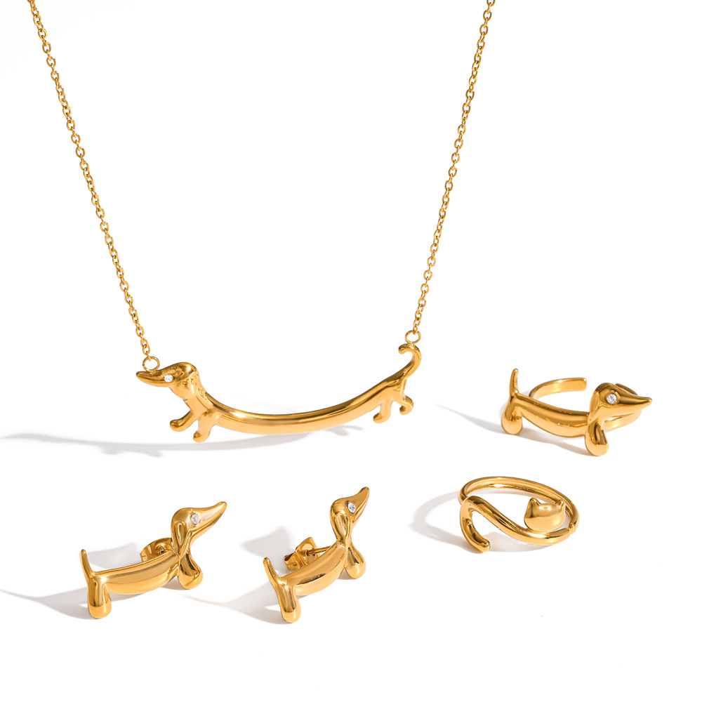 Cute 18k gold puppy dachshund stainless steel ring necklace jewelry set ear jewelry accessories