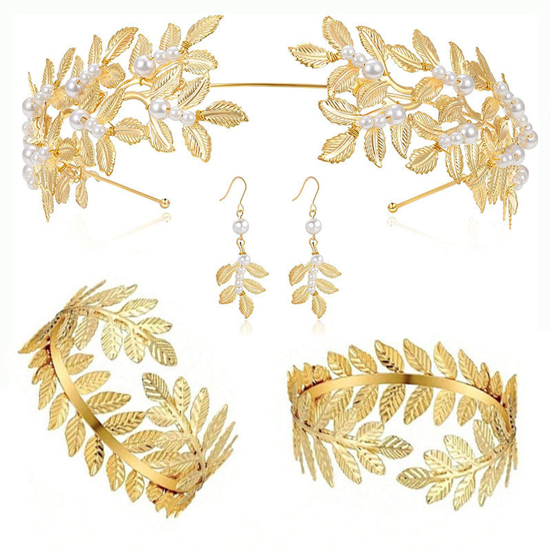 Bridal leaf headband gold goddess leaf hair comb headpiece bracelet pearl earring set