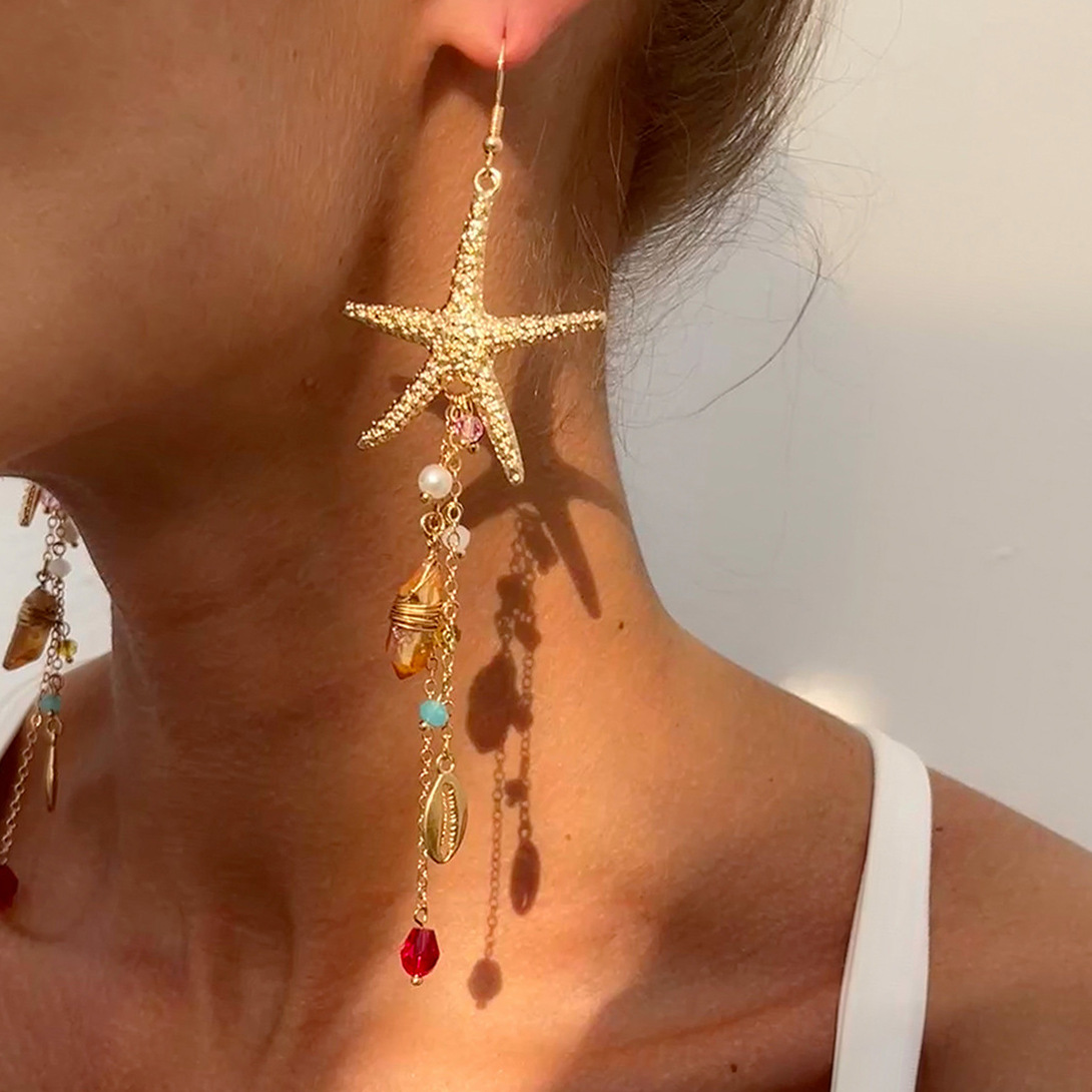 Jewelry vacation beach starfish jellyfish alloy earrings crystal tassel earrings