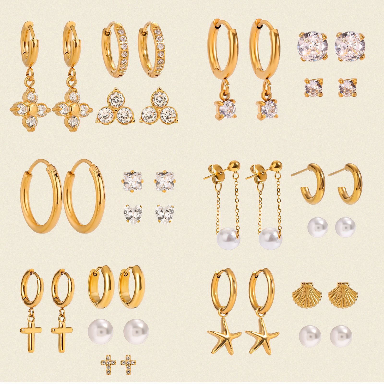 Jieding three pairs stainless steel zircon earrings niche pearl earrings titanium steel ear accessories