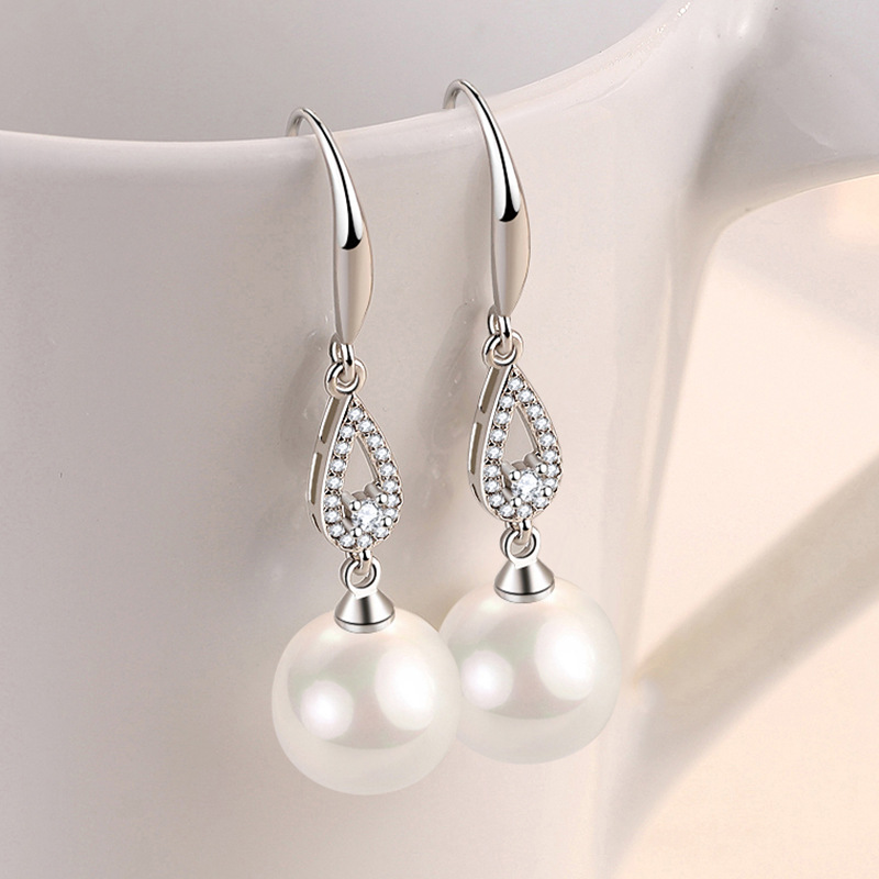 Diamond-set pearl earrings for women, water drop pearl earrings