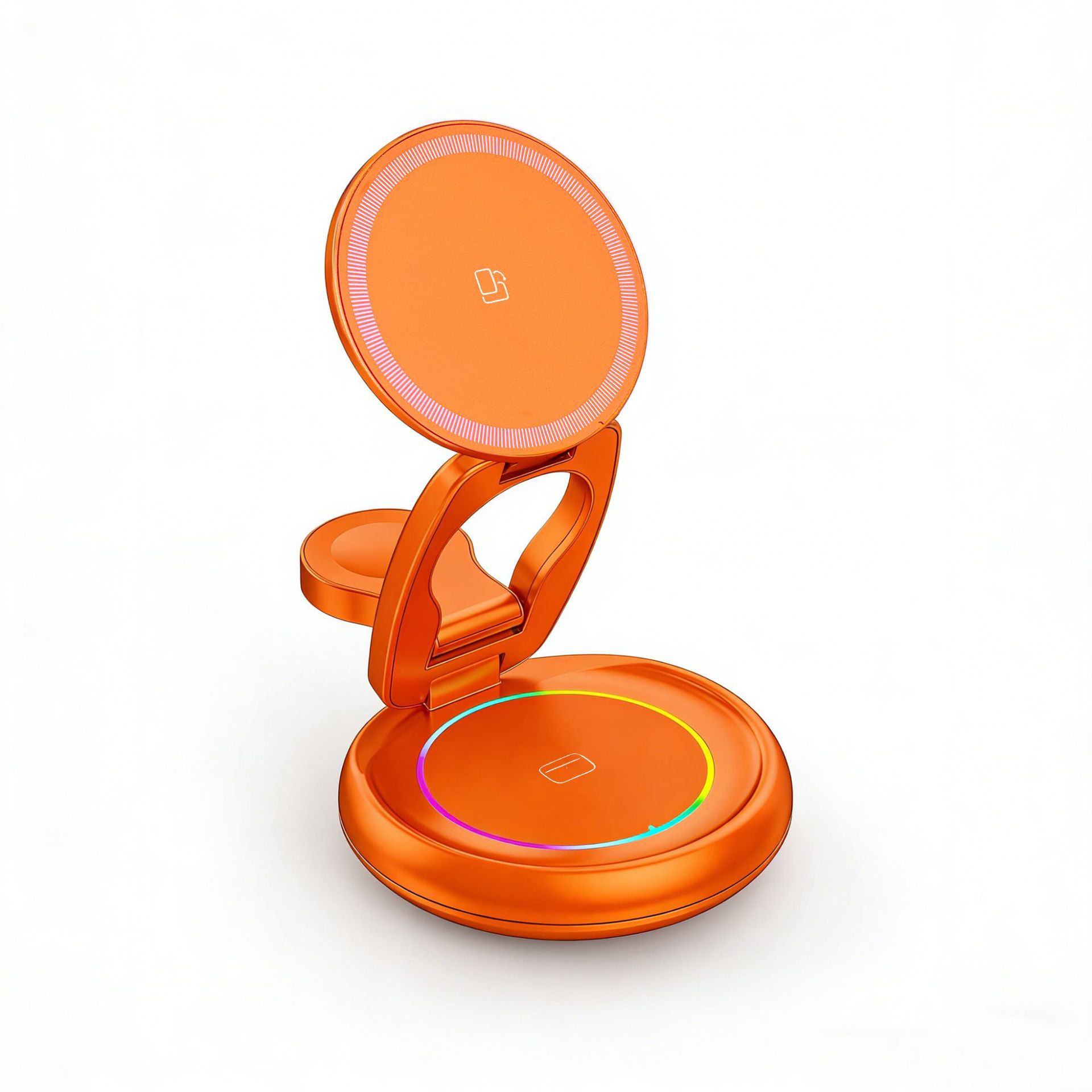 New Metal Wireless Charger 3-in-1 Foldable Stand Desktop Rotating Phone Wireless Charger Orange