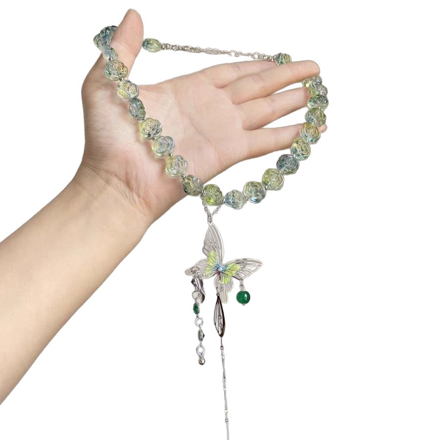 Summer New Butterfly Tassel Beaded Necklace for Women Niche Heavy Craft Sweet Cool Collarbone Chain