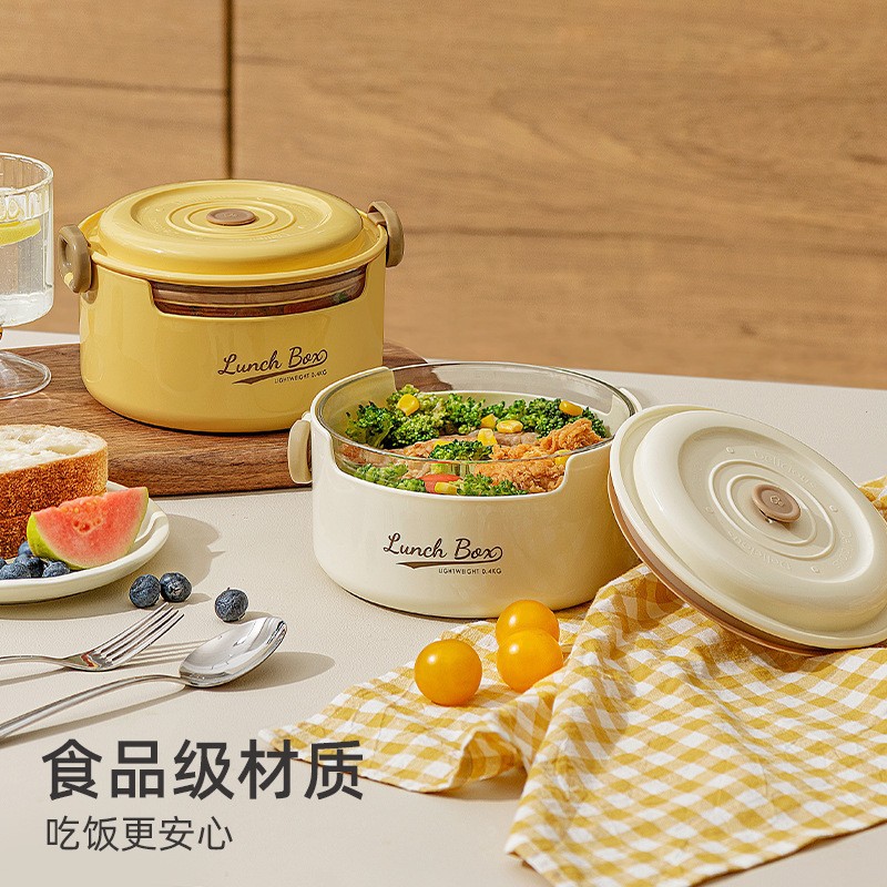 Round Glass Lunch Box Microwave Safe Office Worker Takeaway with Lid Bento Bowl Divided Meal Prep Container