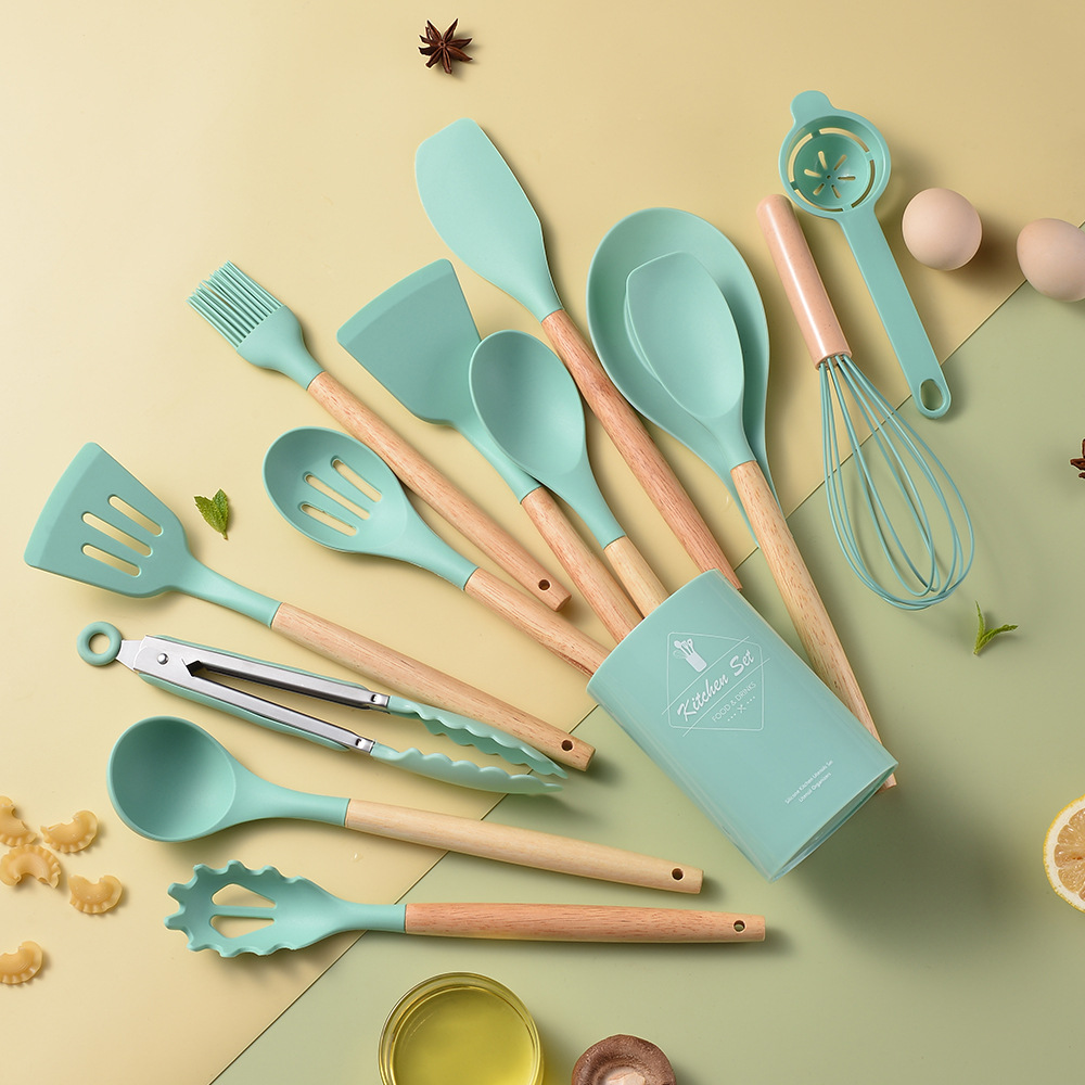 Light Version 750g Silicone Kitchen Utensil Set Wooden Handle 14-Piece Set Kitchen Tools Cooking Spatula Spoon Set 14-Piece Set