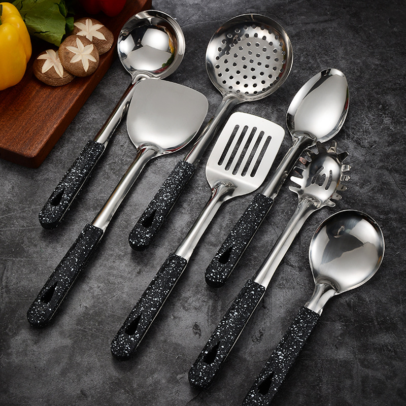 Stainless steel kitchenware cooking spatula and spoon set, stir-fry spatula, frying spatula, soup spoon, slotted spoon