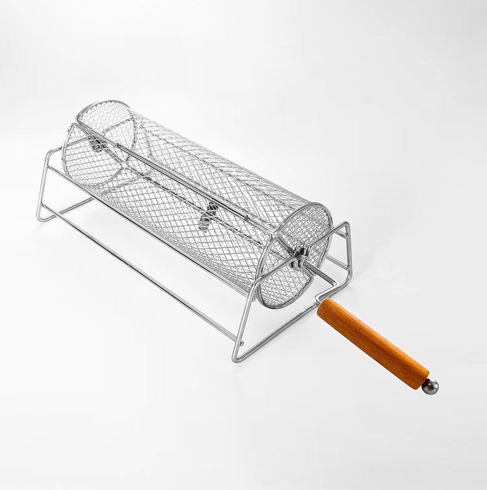 Custom BBQ Grill Grill Cage Round Grill Basket Outdoor BBQ Smoker Cage Portable BBQ Net Rotating Roller