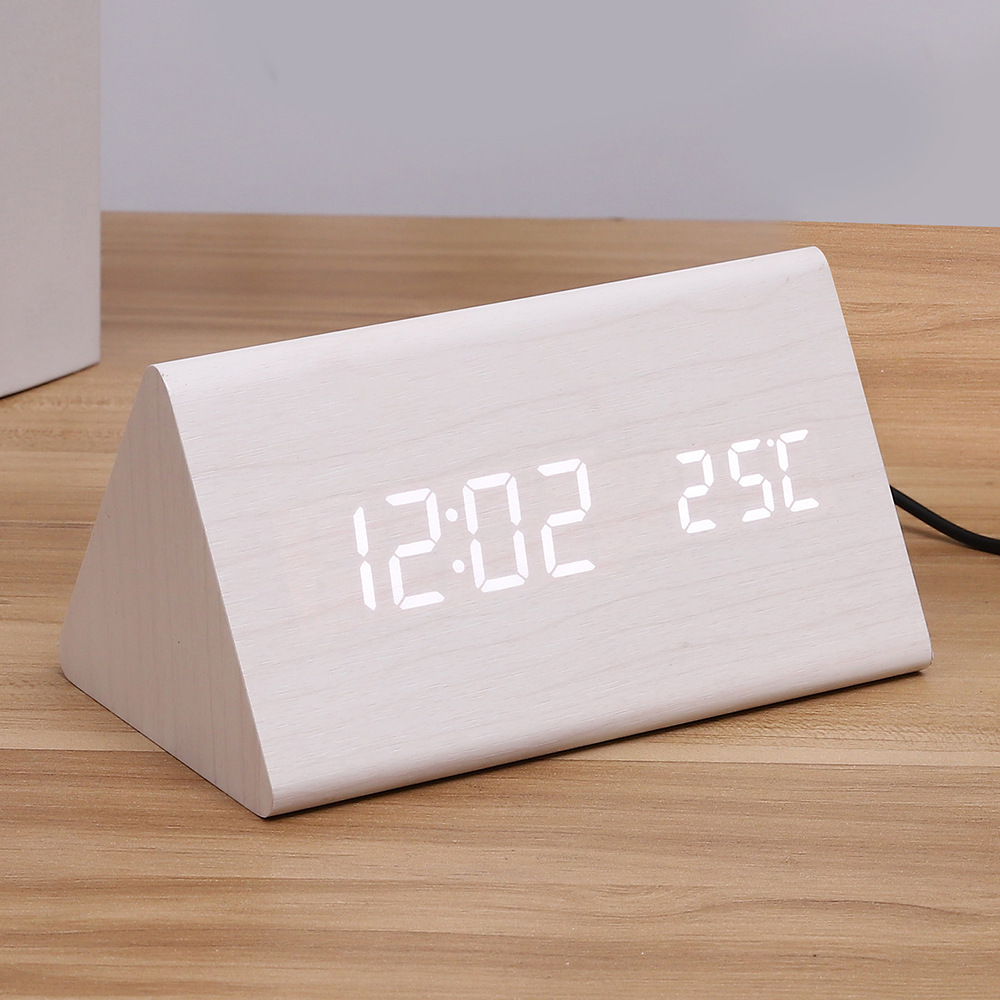 Digital LED wooden clock, temperature, calendar, quiet bedroom student alarm clock, triangular desk clock