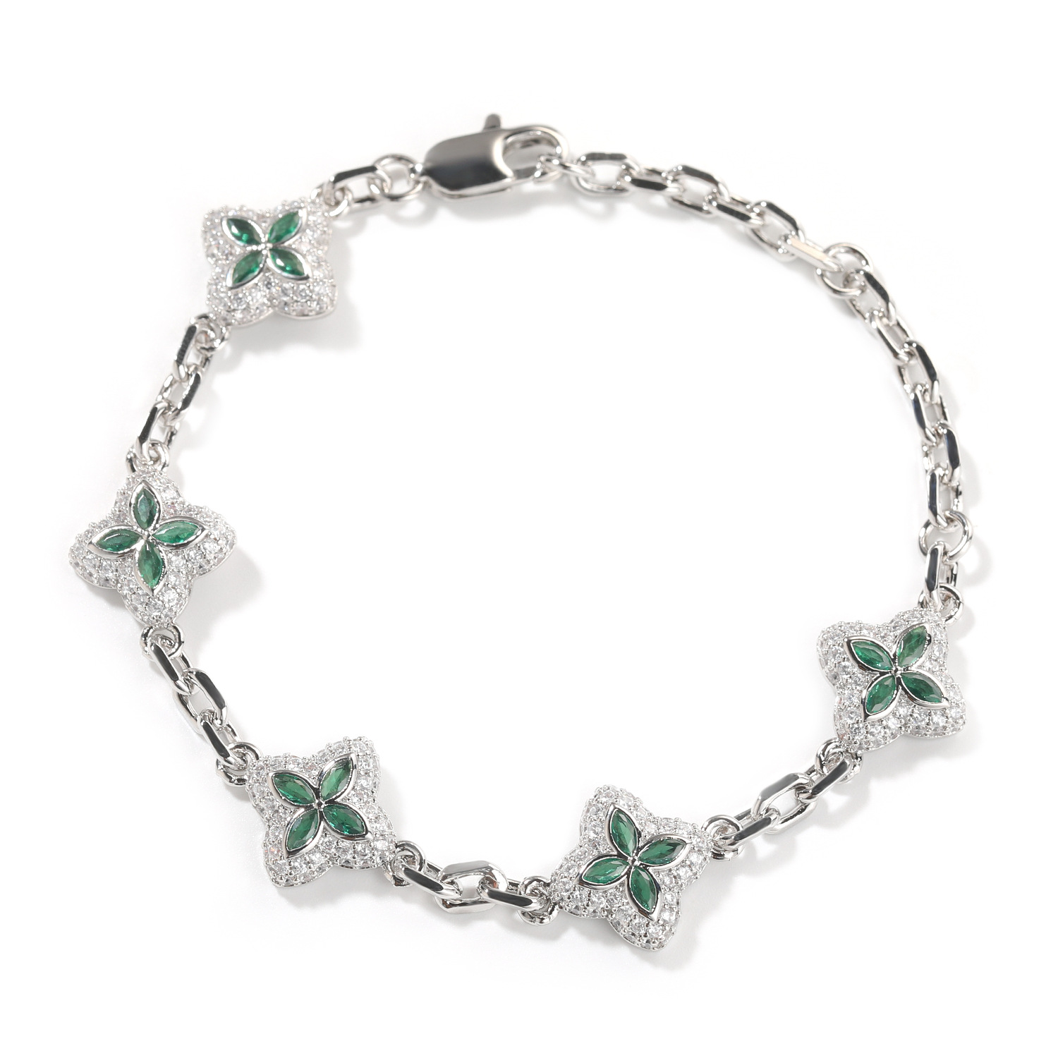 Hip Hop Full Diamond Four-Leaf Clover Bracelet Unisex Necklace Four-Leaf Clover Necklace
