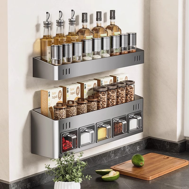 Kitchen storage rack wall-mounted oil salt sauce vinegar seasoning jar no-drill multifunctional storage supplies complete set