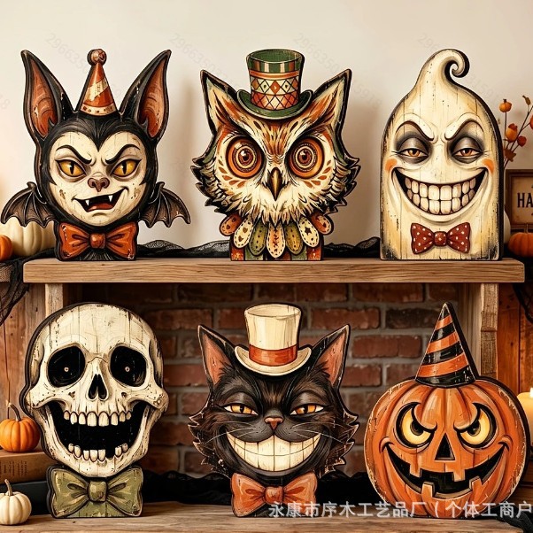 Halloween Wooden Tabletop Tray Ornament Ghost Black Cat Pumpkin Owl Home Window Display Decoration