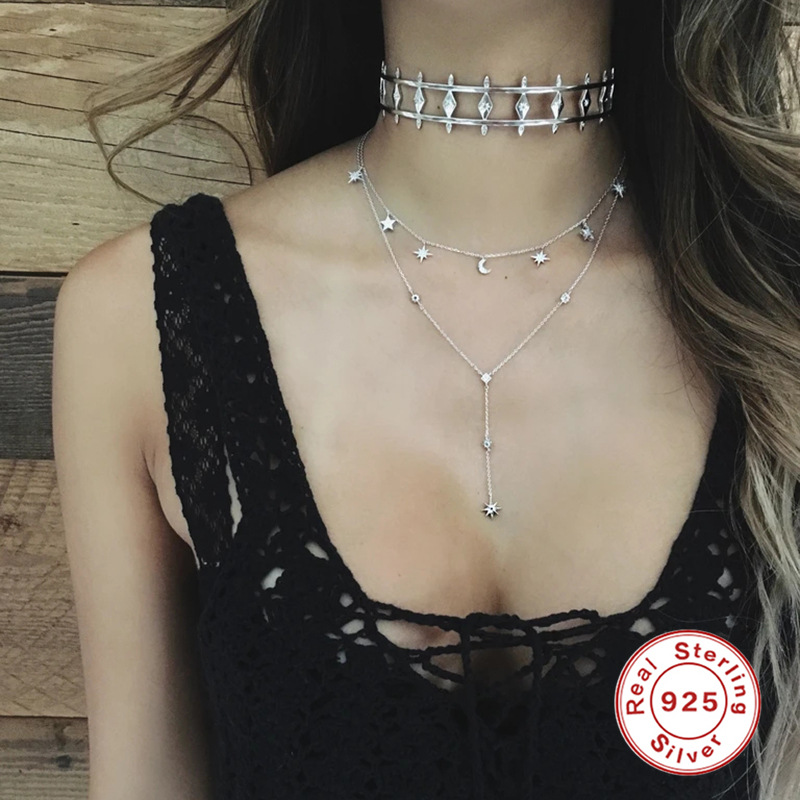 S925 sterling silver INS symmetrical star moon diamond necklace with zircon clavicle necklace