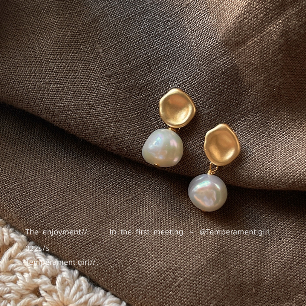 Baroque irregular freshwater pearl silver-plated needle handmade design matte earrings for women