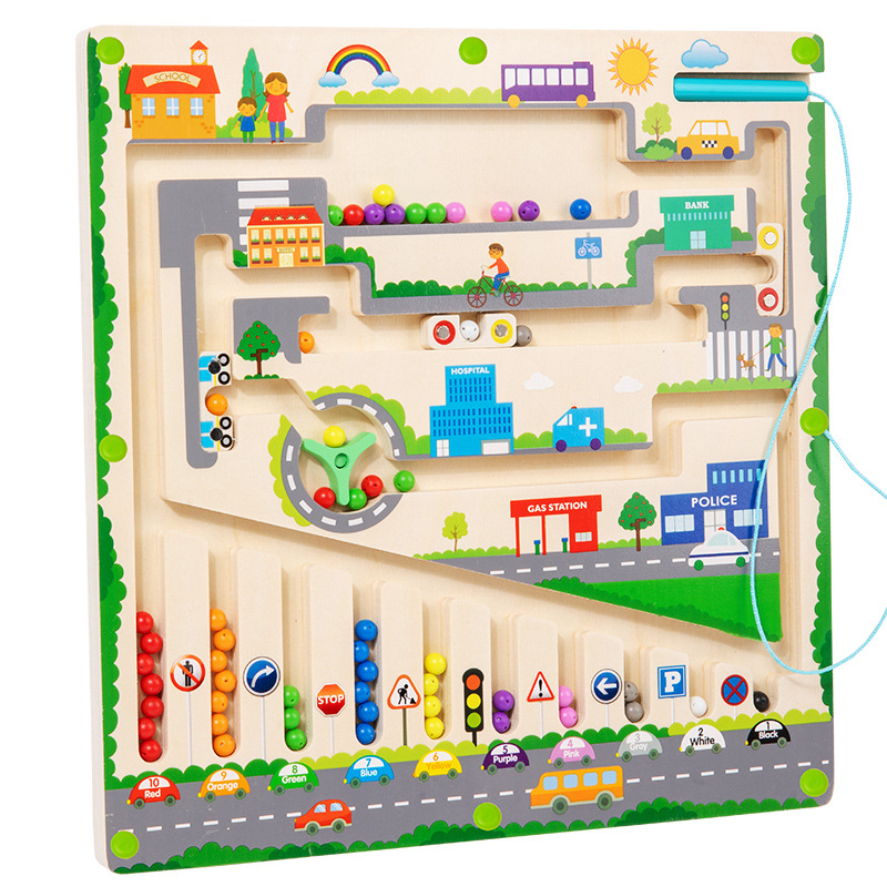 Educational Pen-moving Bead Maze Children's Early Learning Color Classification Numbers Traffic Magnetic Maze Tabletop Toy