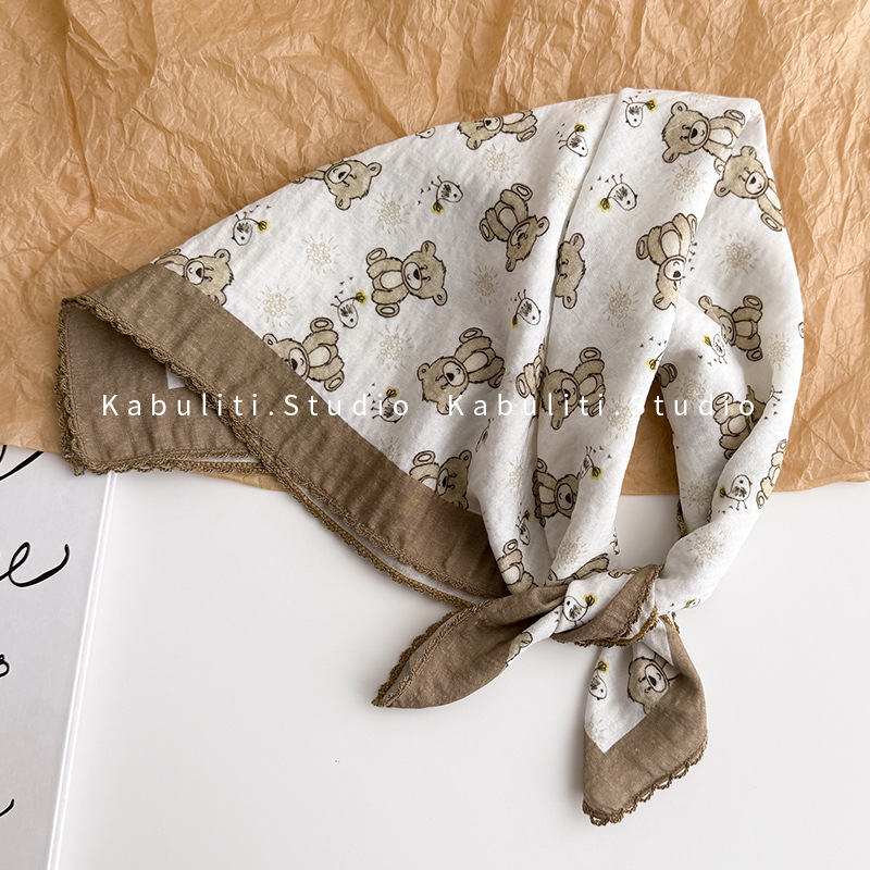 Cartoon cute small square scarf, triangle headwrap sun protection silk scarf for women and children, neck protection, hair band, gauze scarf, thin scarf