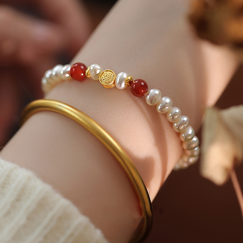 Natural freshwater pearl bracelet women's niche new Chinese style sand gold agate bead bracelet hand jewelry
