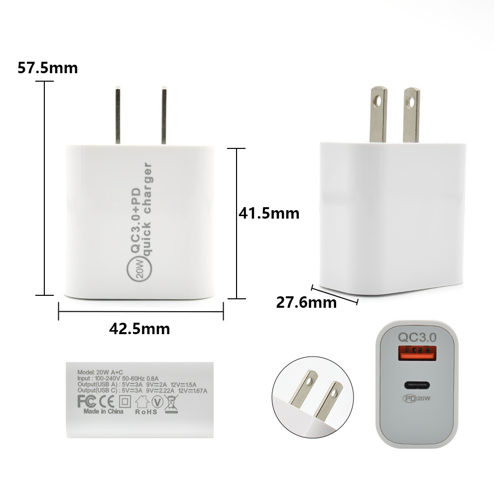 Original QC3.0 US Standard Dual Port PD20W Phone Charger for Apple US Standard Fast Charging Charging Head