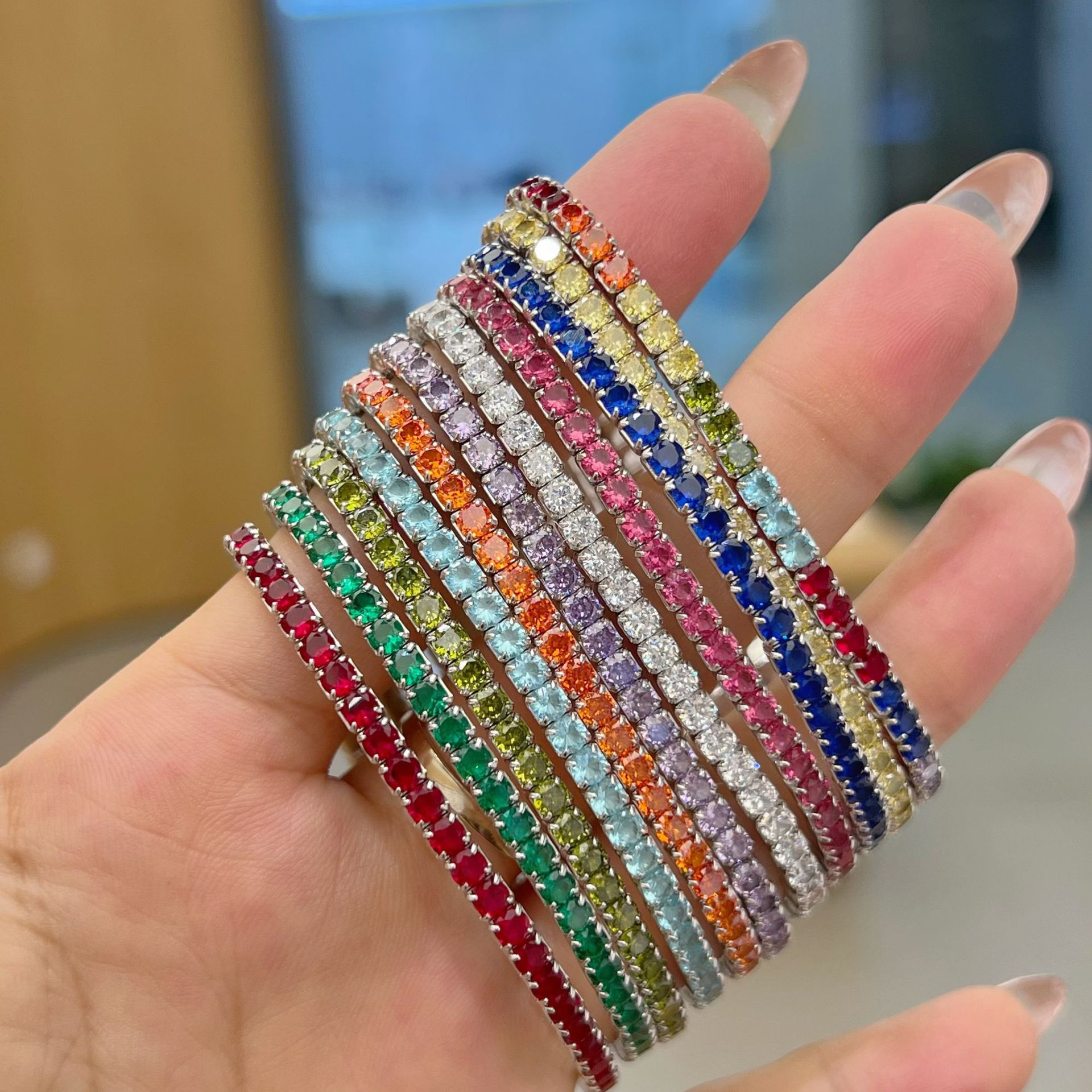 Live S925 sterling silver tennis bracelet for women, colorful zircon elastic rope full diamond banquet hand accessories wholesale