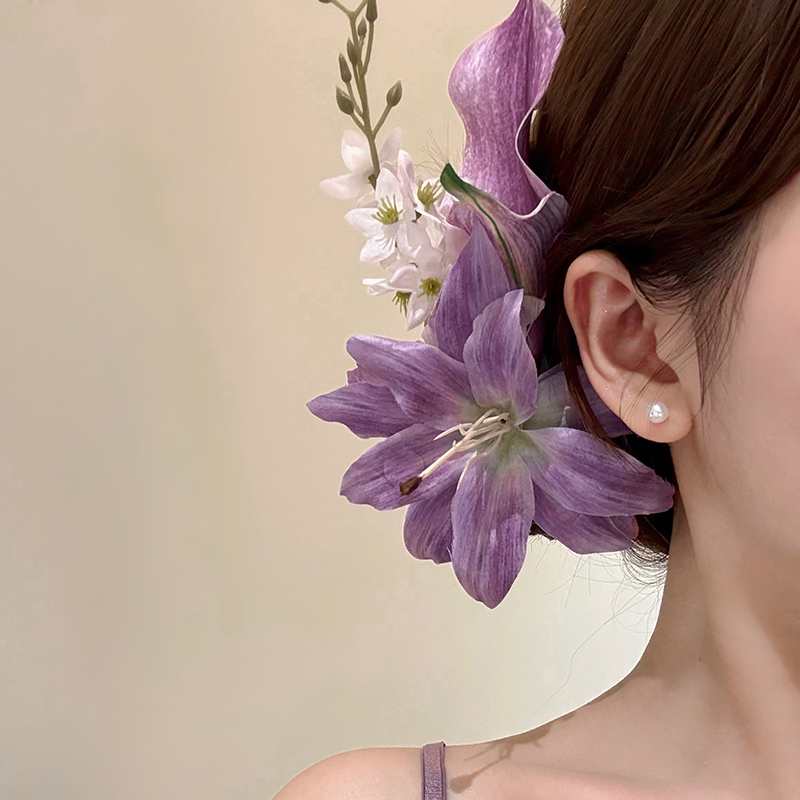 New Chinese style lily flower hair clip for women super fairy bangs duckbill clip ancient style cheongsam accessory head flower hair accessory