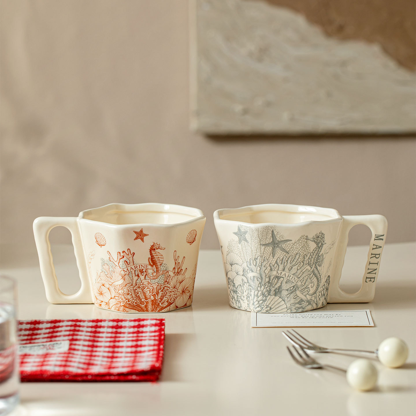 Oil painting ocean starfish ceramic coffee cup saucer home use water cup yogurt oatmeal cup