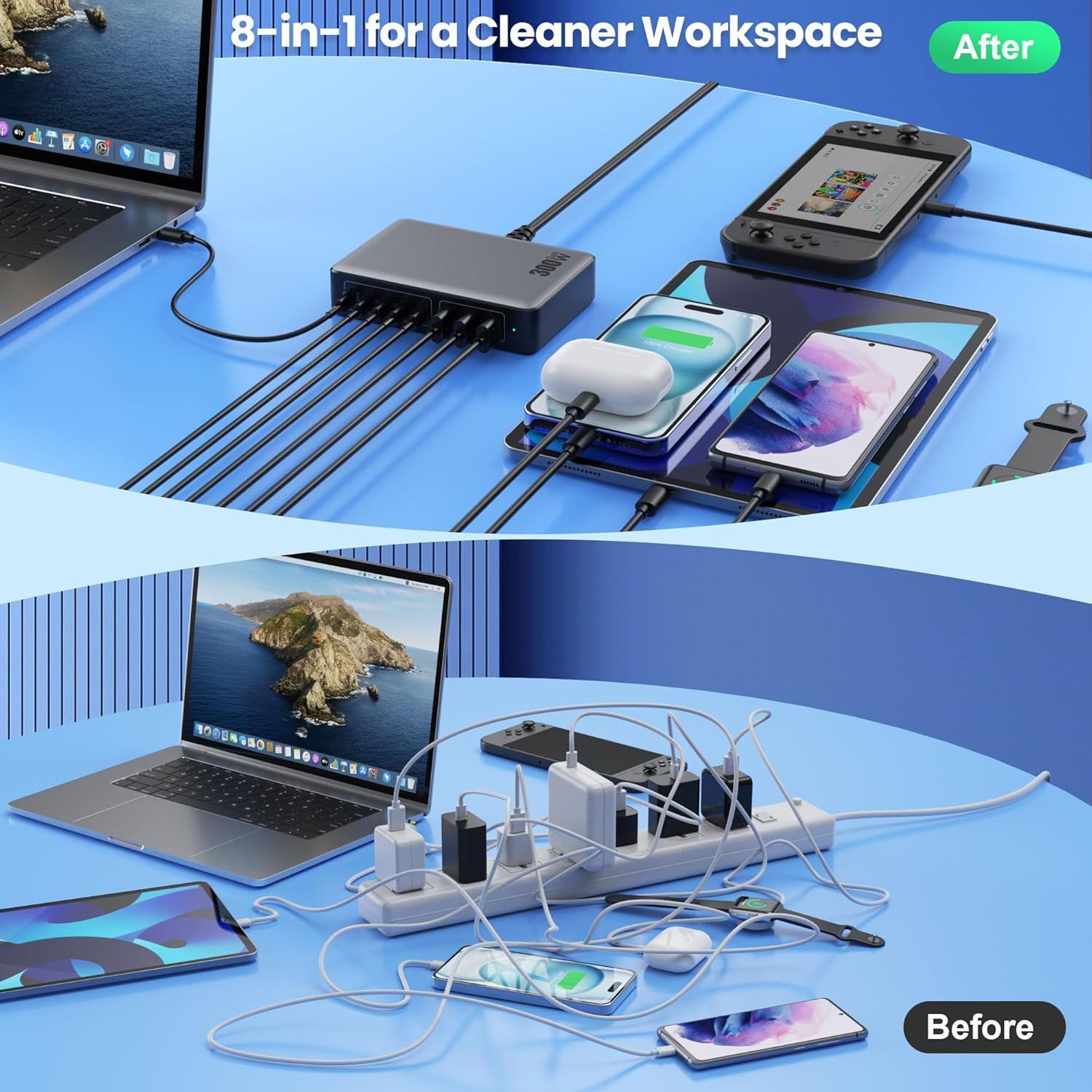 Strictly Selected GaN 300W Mobile Phone Multi-Port Charger TYPE-C Multi-Port High Power Desktop Charging Station