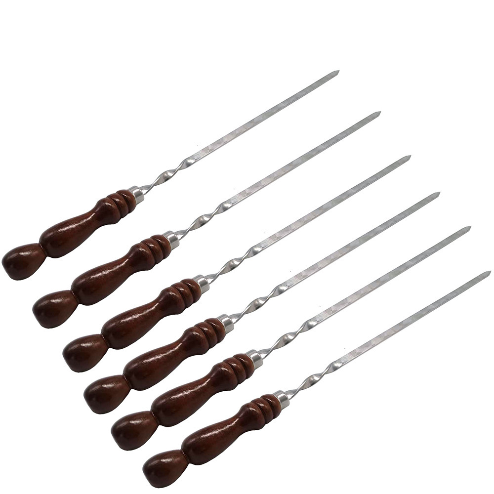 Stainless Steel Flat Skewer Wooden Handle BBQ Steel Skewer Russian Thickened BBQ Skewer