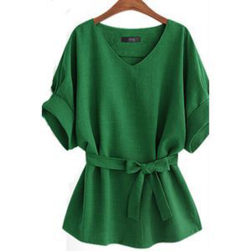 Summer Women's V-neck Linen Short Sleeve Shirt Batwing Sleeve Plus Size Loose Waist Cotton-linen Top