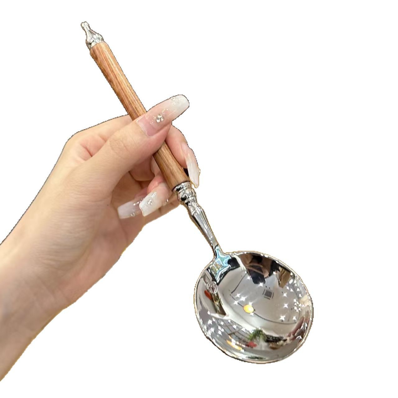Imitation Rosewood Stainless Steel Spoon Long Handle Round Head Spoon Household Rice Spoon Soup Spoon Dessert Spoon Soup Spoon