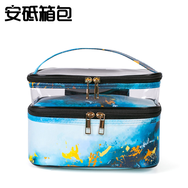 New Marble Transparent Leopard Print Double-Layer Cosmetic Bag Waterproof Portable Toiletry Bag Storage Bag for Women