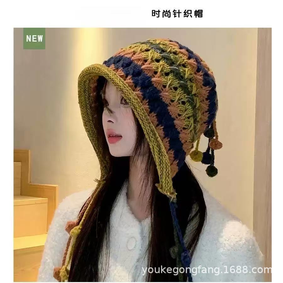 Hat Handwoven Tassel Knit Hat Women Autumn Winter New Warm Ear Protection Large Head Circumference Face Slimming Wrap Hat